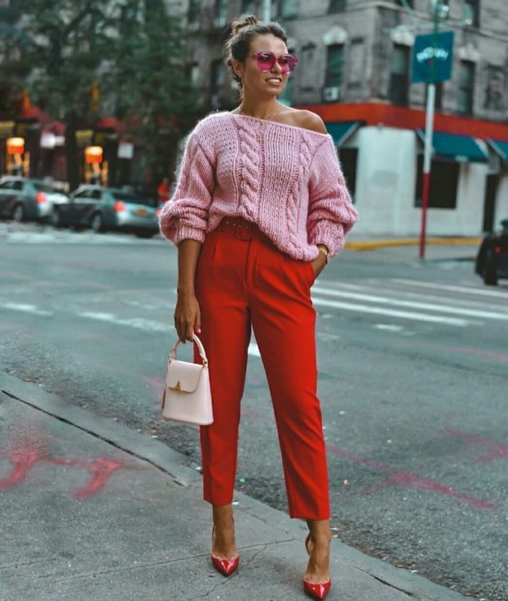 Pink Knit Sweater with Red Tailored Pants